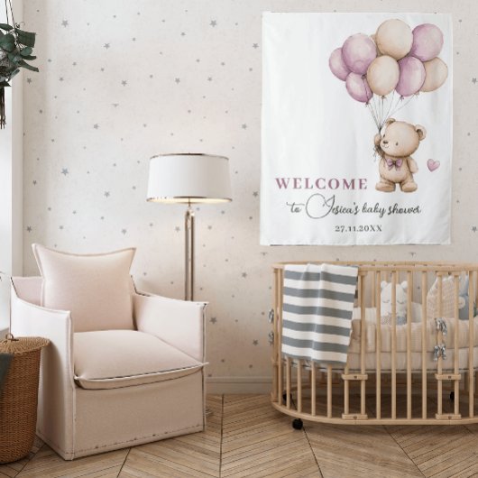 Teddybeer Violet Dusty Roze Beige Ballonnen Wandkleed