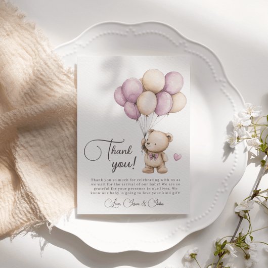 Teddybeer Violet Paarse beige ballonnen Dank u Bedankkaart