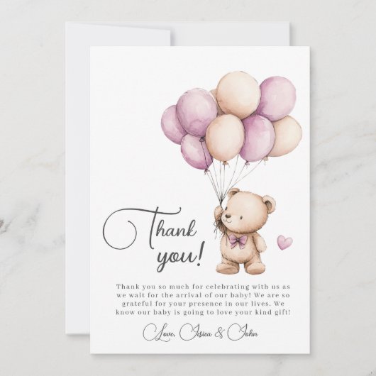 Teddybeer Violet Paarse beige ballonnen Dank u Bedankkaart (Voorkant)
