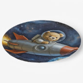 Teddybeer vliegend in een raket papieren bordje (Gekanteld)