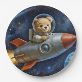 Teddybeer vliegend in een raket papieren bordje