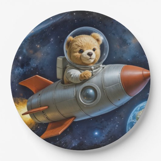 Teddybeer vliegend in een raket papieren bordje (Voorkant)