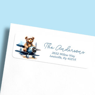 Teddybeer Vliegtuig Aquarel Baby Shower Uitnodigin Etiket