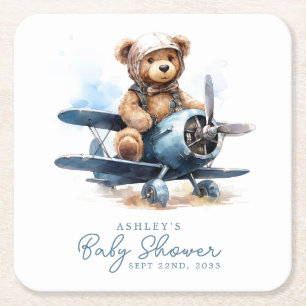 Teddybeer Vliegtuig Aquarel Jongen Baby Shower Kartonnen Onderzetters