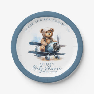 Teddybeer Vliegtuig Aquarel Jongen Baby Shower Papieren Bordje