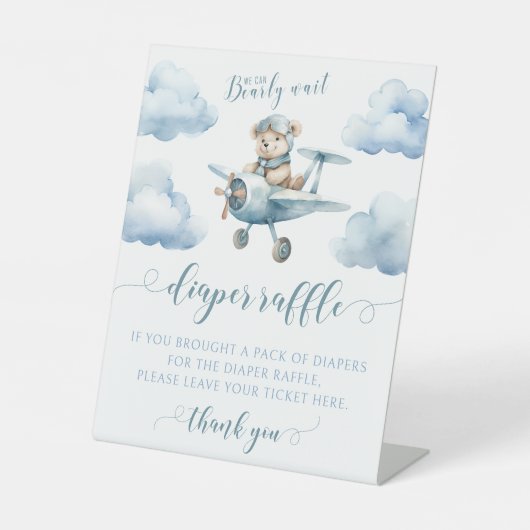 Teddybeer vliegtuig baby jongen douche luier loter reclamebord met voetstuk (Voorkant)