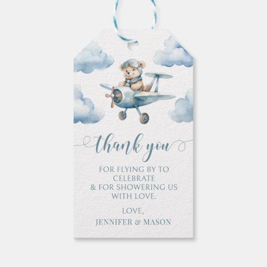 Teddybeer vliegtuig baby shower dank u labels cadeaulabel (Achterkant)
