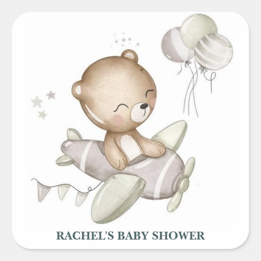 Teddybeer Vliegtuig Baby Shower Sticker (Voorkant)