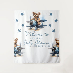 Teddybeer-vliegtuig babyshower-achtergrond wandkleed