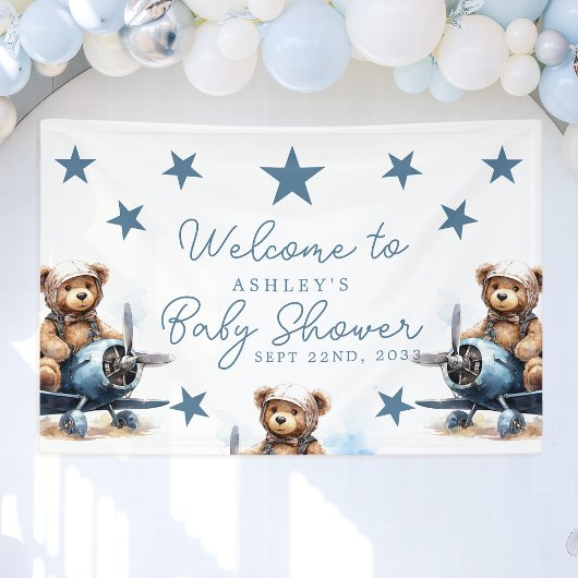Teddybeer-vliegtuig babyshower welkom spandoek