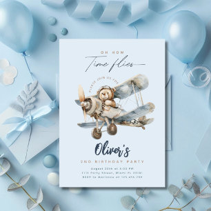 Teddybeer vliegtuig blauwe tijd vliegt verjaardag kaart