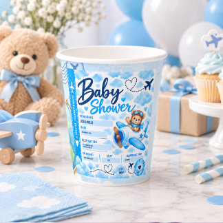 Teddybeer vliegtuig instapkaart jongen baby shower papieren bekers