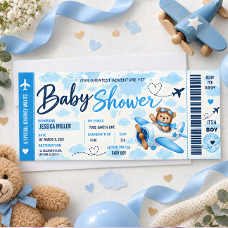 Teddybeer vliegtuig instapkaart jongetje baby show kaart