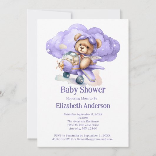Teddybeer Vliegtuig Jongens Baby Shower Uitnodigin Kaart (Voorkant)