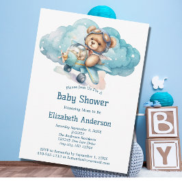 Teddybeer Vliegtuig Jongens Baby Shower Uitnodigin Kaart