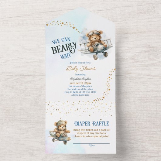 Teddybeer-vliegtuig Vliegende Jongen Baby Shower All In One Uitnodiging (Binnen)