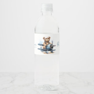 Teddybeer Vliegtuig Waterverf Jongens Baby Shower Waterfles Etiket