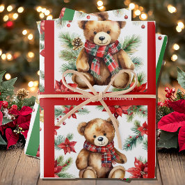 Teddybeer Voeg Naam Toe Schattig Kerstmis 3 Inpakpapier Vel