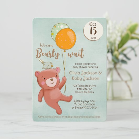 Teddybeer, Vogel en Ballonnen Baby shower Kaart (Staand voorkant)