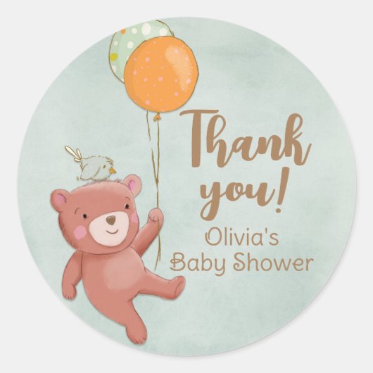 Teddybeer, Vogel en Ballonnen Baby shower Ronde Sticker (Voorkant)
