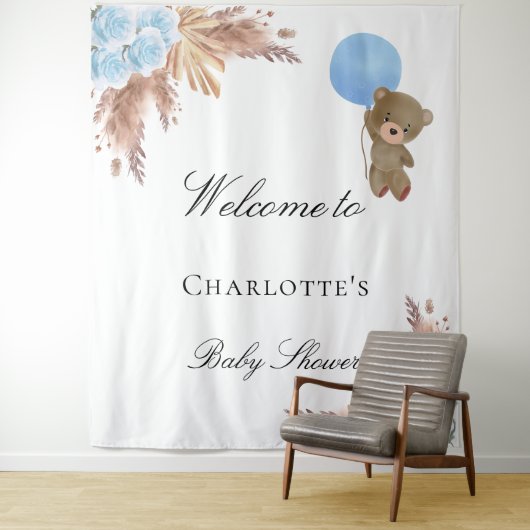 Teddybeer voor babyfeest pampasgras blauwe jongen wandkleed (In situ)