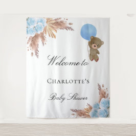 Teddybeer voor babyfeest pampasgras blauwe jongen wandkleed