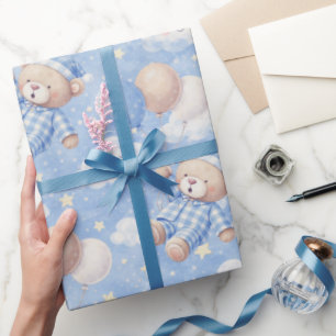 Teddybeer voor babyjongen met zwevende ballon cadeaupapier