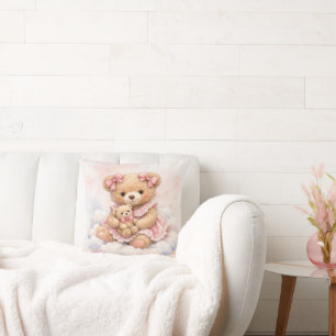 Teddybeer voor babymeisje met roze strikken kussen
