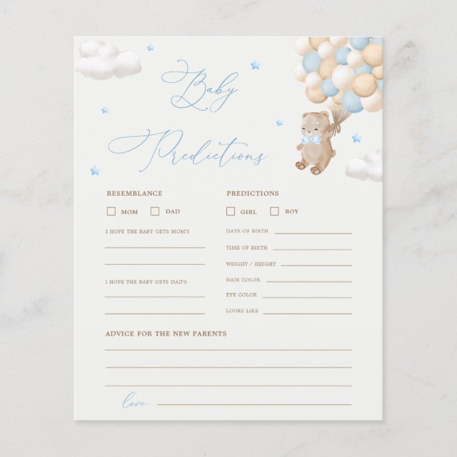 Teddybeer voorspellingen & advies Baby shower spel (Voorkant)