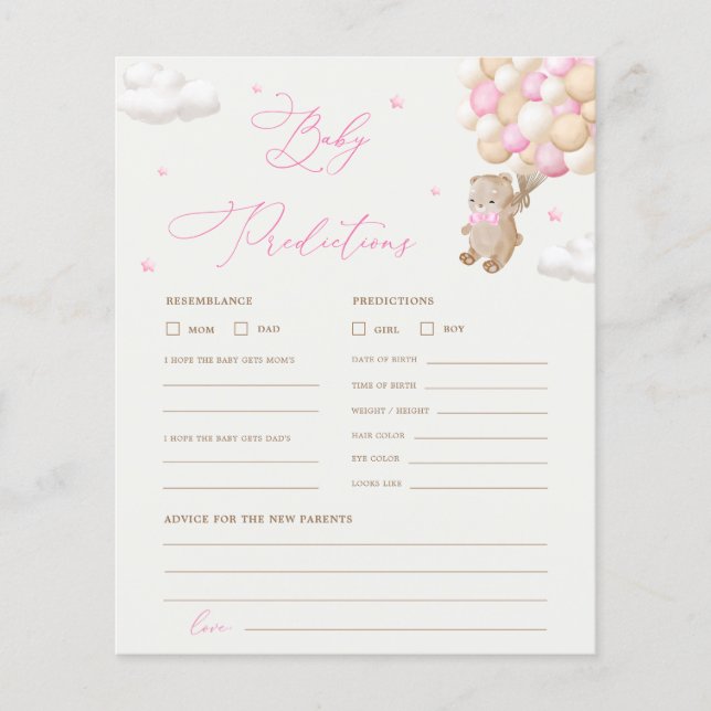 Teddybeer voorspellingen & advies Baby shower spel (Voorkant)
