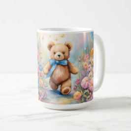 Teddybeer wandelen in een pasteltuin koffiemok