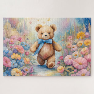Teddybeer wandelen in een pasteltuin legpuzzel