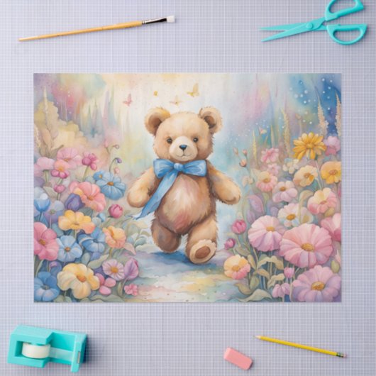 Teddybeer wandelen in een pasteltuin tissuepapier (Craft)