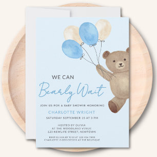 Teddybeer We Can Bearly Wait Blauwe Baby Shower Kaart