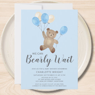 Teddybeer We Can Bearly Wait Blauwe Baby Shower Kaart