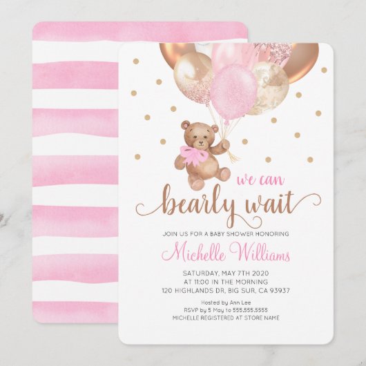 Teddybeer We Can Bearly Wait Meisje Baby Borrel Kaart (Voorkant / Achterkant)