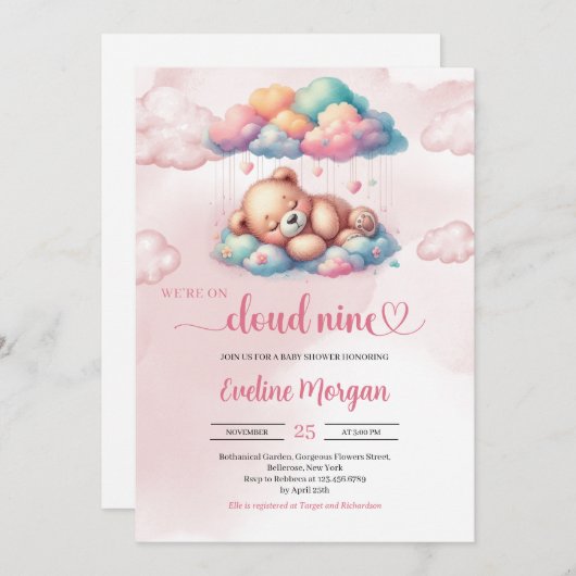 Teddybeer we zijn op wolk negen meisje baby shower kaart (Voorkant / Achterkant)