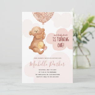 Teddybeer Welpen Roze Wolken 1e Verjaardagsuitnodi Kaart