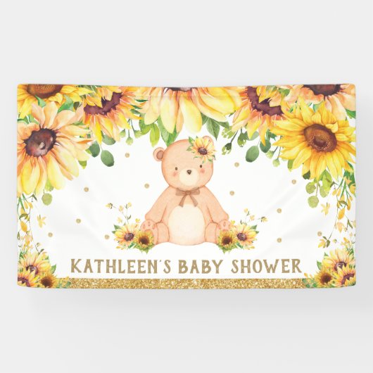 Teddybeer Zonnebloem Baby shower Verjaardagsachter Spandoek (Horizontaal)