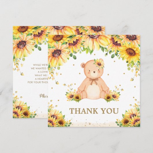 Teddybeer Zonnebloem Bloemen Baby shower Verjaarda Bedankkaart (Voorkant / Achterkant)