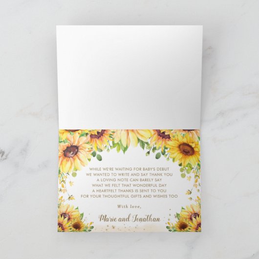 Teddybeer Zonnebloem Bloemen Baby shower Verjaarda Bedankkaart (Binnen)