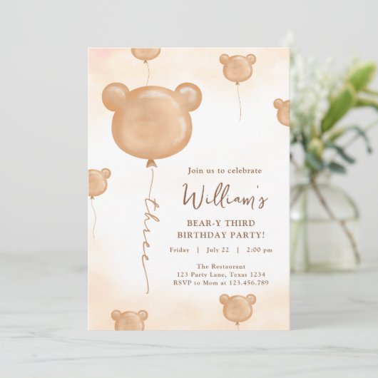 Teddybeerballon Beary derde verjaardagsfeestje Kaart (Staand voorkant)