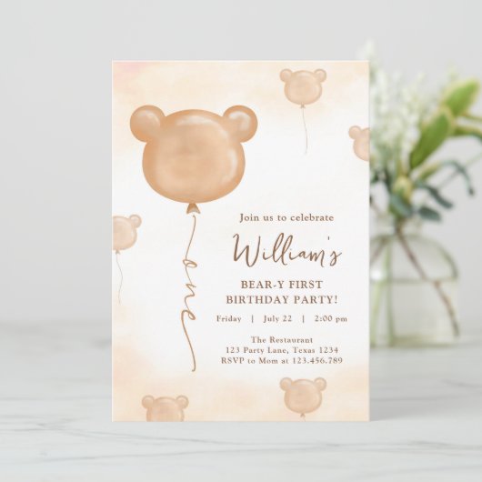 Teddybeerballon Beary Eerste Verjaardagsfeestje Kaart (Staand voorkant)