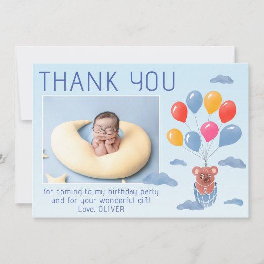 Teddybeerballonnen Kinderen Foto Verjaardag Bedankkaart (Voorkant)