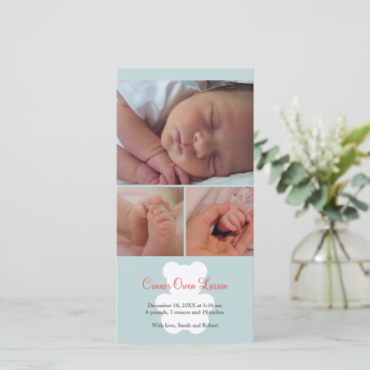 teddybeerblauw montage baby geboorteaankondiging aankondiging (Staand voorkant)