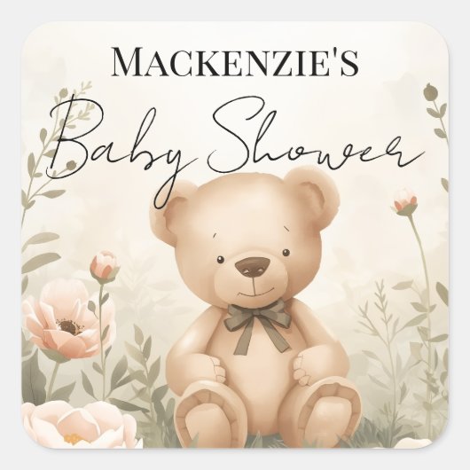 Teddybeerentuin Aangepaste Naam Baby Shower Vierkante Sticker (Voorkant)