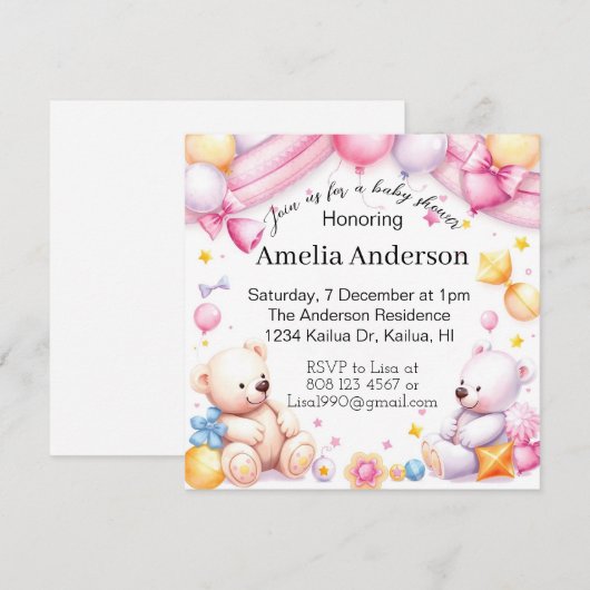 Teddyberen baby shower unisex uitnodiging (Voorkant / Achterkant)
