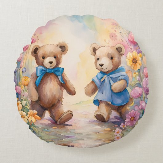 Teddyberen in een pasteltuin rond kussen (Voorkant)