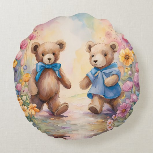 Teddyberen in een pasteltuin rond kussen (Achterkant)