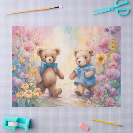 Teddyberen in een pasteltuin tissuepapier (Craft)